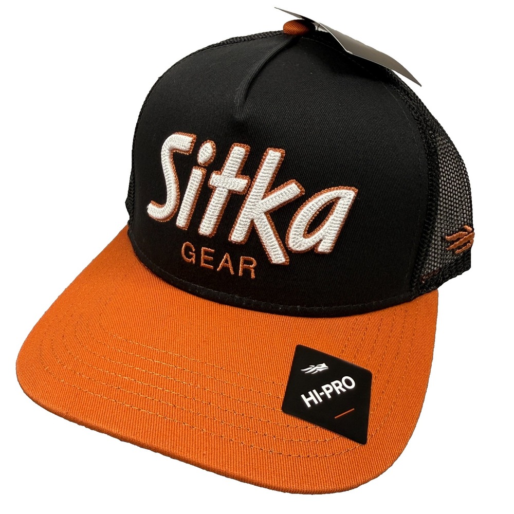 Sitka Gear Hat Cap 90s Script Hi Pro Trucker Black Orange Snapback Hunting NWT